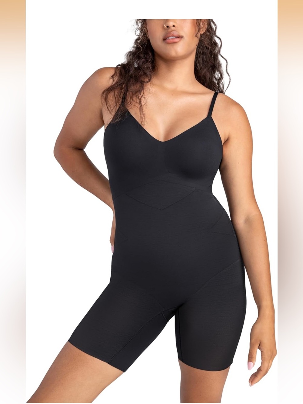 Honeylove Black Full-Body Shaping Bodysuit with Adjustable Straps.